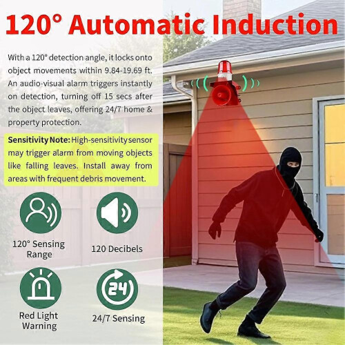 Motion Sensor Alarm Human Detection 120dB Adjustable Siren LED Strobe Light Outdoor Security US Plug 2