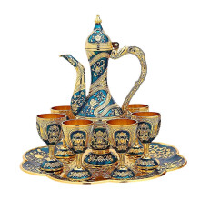 Handcrafted Decorative Turkish Coffee Pot Set with Teapot Tray and Tea Cups Blue