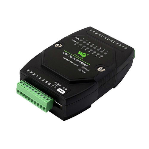 Industrial UART USB to 8CH RS485 Isolated Converter for 35mm Standard Rail Stackable Black