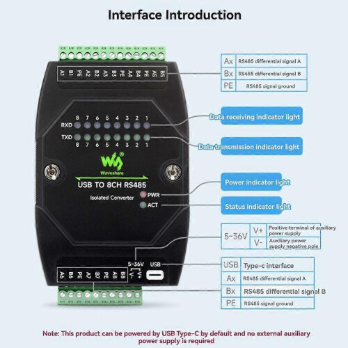 Industrial UART USB to 8CH RS485 Isolated Converter for 35mm Standard Rail Stackable Black 2