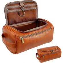 Men's Water Resistant Leather Dopp Kit Large Travel Toiletry Bag Handle Shaving Gym Bathroom
