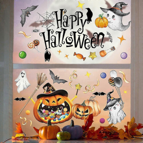 2025 Halloween 4pcs Pumpkin Ghost Double Sided Printed Static Cling Glass Stickers Decor