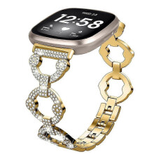 Edelstahl-Armband mit Strassverzierung für Fitbit Versa 4/Sense 2, Schwarz, Mehrfarbig, Gold