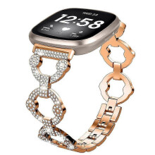 Edelstahl-Armband mit Strassverzierung für Fitbit Versa 4/Sense 2, Schwarz, Mehrfarbig, Roségold
