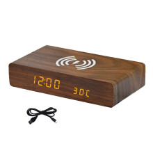 Sveglia con display LED e ricarica wireless per la casa, bar e tavolo, colore marrone.