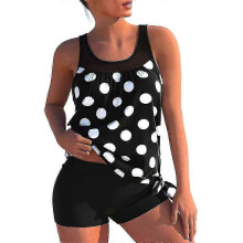 Women's Tankini Set Tank Top and Boyshorts Beach Swimwear Bathing Suit Black White Polka Dot 2XL