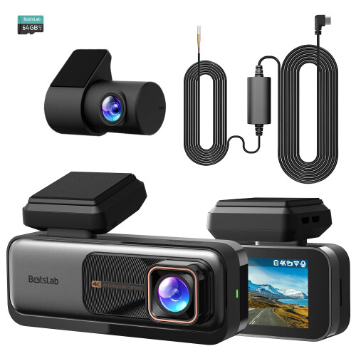 BOTSLAB 4K Dash Cam Front and Rear, with Hardwire Kit, STARVIS, 64 GB Card
