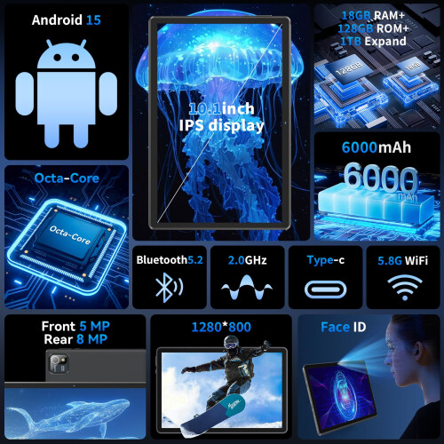 Tablet 10 Inch Android 15 Tablets with Case, Octa-Core, 18GB RAM+128GB ROM 1