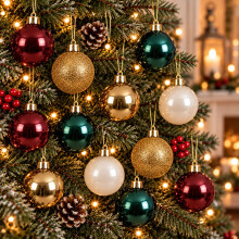 30 Red Gold Emerald Mixed Baubles Christmas Tree