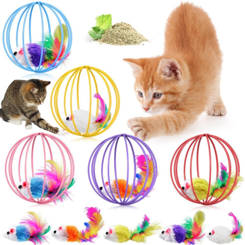 Cat Interactive Toy Set – 5-Piece Feather Balls & Plush Mice