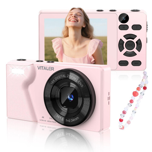 4K Digital Camera with Front Rear Lens, Autofocus 64MP, Metal Shell, Pink