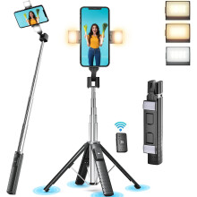 Selfie Stick Tripod Quadrapod with 2 Rechargeable Fill Light, Extendable Tripod with Bluetooth Remote, Stainless Steel, 3 Light Modes, 9 Brightness Le