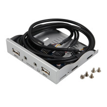 2 Port USB 2.0 HUB Splitter 3.5In Floppy Bay HD Audio 3.5mm Earphone Jack Front Panel Rack for Computer PC Silver White