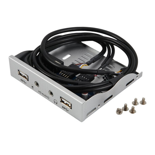 2 Port USB 2.0 HUB Splitter 3.5In Floppy Bay HD Audio 3.5mm Earphone Jack Front Panel Rack for Computer PC Silver White