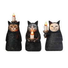 Figura de Gato con Capucha Misteriosa de 3 Piezas - Decoración de Halloween de Madera 2D
