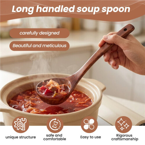 Kueche Kochen Gerader Griff aus Holz Suppe Loeffel Schoepfkelle  11" Lang 2
