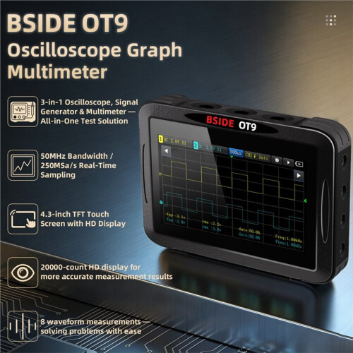 BSIDE OT9 Handheld Oscilloscope Multimeter,2 Channels 20000 Counts Digital Multimeter Data Recorder DDS Signal Generator 2