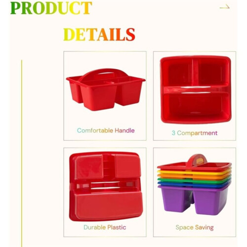 Set of 6 Classroom Caddys, Small Plastic StorageCaddy with Handle,Plastic Storage Organizer with 3 Compartments 1
