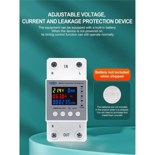 TOMZN TOMPD-63L-BAT 63A Voltage Protector Memory Timer 9-in-1 Meter Prepayment over Under Voltage Current Limit Relay