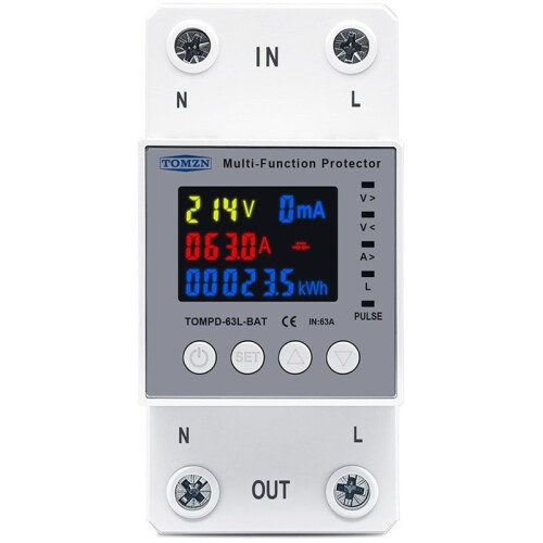 TOMZN TOMPD-63L-BAT 63A Voltage Protector Memory Timer 9-in-1 Meter Prepayment over Under Voltage Current Limit Relay 1