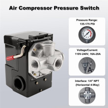 Air Compressor Pressure Control Valve,135-175 PSI 4-Port 20 Amp,110-120V,Replacement Kit