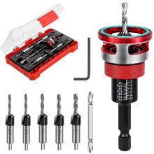 Countersink Drill Bit Set with Depth Stop, 5 PCS TCTCutters & HSS Bits Adjustable Aluminum Alloy Stop Collar for Wood