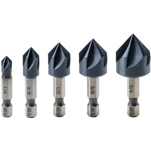 Cobalt Countersink Drill Bit Set(Pro), Titanium Aluminum Nitride Coated with Quick Change Hex Shank, 5-Piece 1/4" - 3/4"