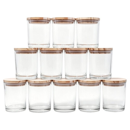 Thick Candle Jars for Making Candles 12 Pcs, 7 OZ Empty Jars with Wood Lids for Candle Making, Sample Container, Clear