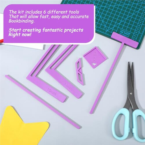 6PCS Book Binding Tool, Easy Scrapbooking Tools Kit, L Ruler + T Ruler + I Ruler + Corner Miter + Eyelet Guiding Violet