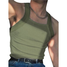Men'S Solid Color Sleeveless Fitted Stretch Tank Top Army Green L