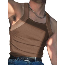 Men'S Solid Color Sleeveless Fitted Stretch Tank Top Brown XXXL