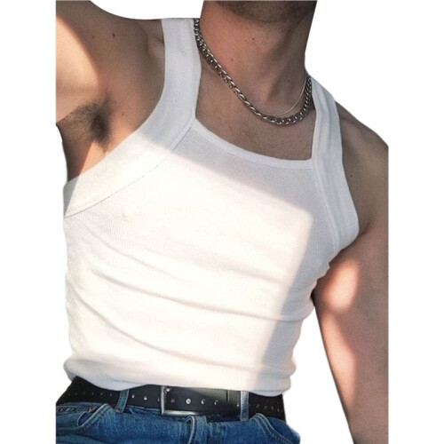 Men'S Solid Color Sleeveless Fitted Stretch Tank Top White XXL