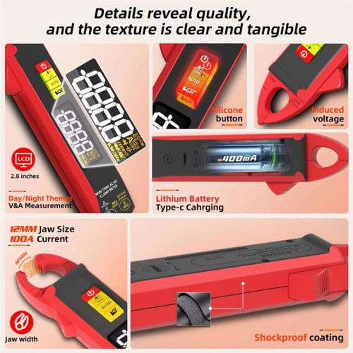 UX1 Digital Clamp Meter 100A Auto-Ranging Non-Contact Current Voltage Frequency Temperature Voltmeter Multimeter 2