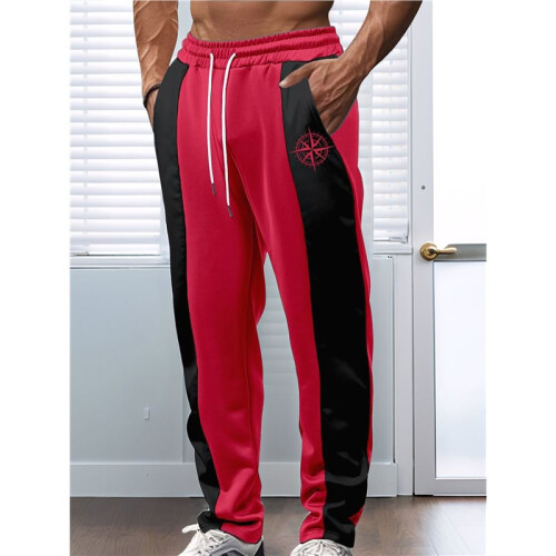 Men'S Color Block Side Stripe Drawstring Straight Athletic Pants Wine Red M 1