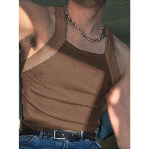 Men'S Solid Color Sleeveless Fitted Stretch Tank Top Brown XL 1