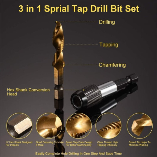 3-In1 Combination Drill Tap & Tap Bit Set Titanium Coated Screw Tapping Bit Tool for Drilling, Tapping, Countersinking 2