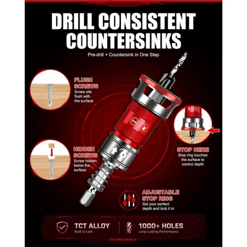 10PCS Countersink Drill Bit Set with Adjustable Depth Stopper Quick-Adjust Two-Flute TCTCutters Countersink Bits 2