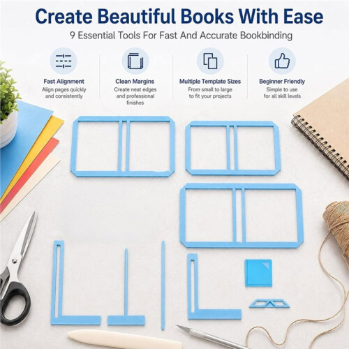 9-Piece Scrapbook Binding Kit:Complete Template Cutting Guide Set with Ruler, Corner Miter,Spine for Journals, Calendars 2