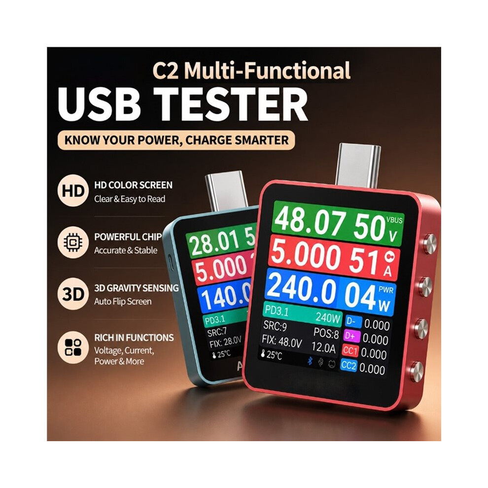 Fast Detectin USB Tester C2 Digital Voltmeter Charging Power Detector PD3.2 Battery ...