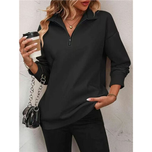 Womens Quarter Zip Mock Neck Drop Shoulder Long Sleeve Sweatshirt Black M 1