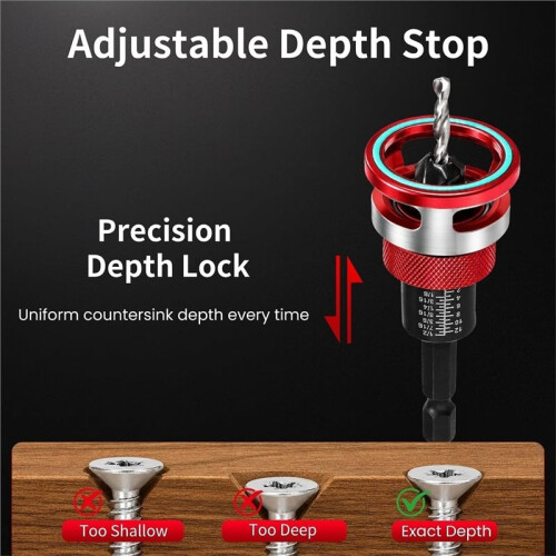 Countersink Drill Bit Set with Depth Stop, 5 PCS TCTCutters & HSS Bits Adjustable Aluminum Alloy Stop Collar for Wood 2