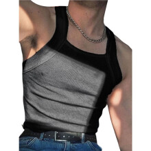 Camiseta Regata Ajustada Sem Mangas em Cor Sólida para Homens Preto XL