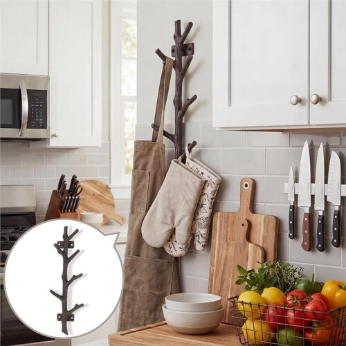 12" Cast Iron Tree Branch Vertical Coat Hat Rack - Rustic Wall Mount Hook for Entryway & Storage