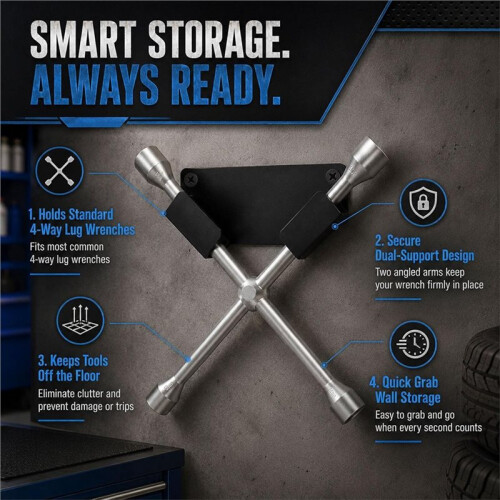 4 Way Lug Nut Wrench Holder for Wall Storage with Mounting Hardware for Garage Organization 2
