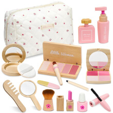 Wooden Kids Makeup Sets for Girls, 15PCS Pretend Makeup Sets for Girls with Eyeshadow Mascara Perfume Blush Mirror & Bag