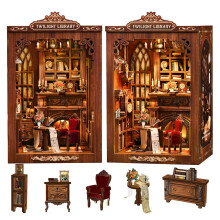Book Nook Kit,DIY Dollhouse Booknook Miniature House Building Kit with LED Light for Bookshelf Insert Decor Crafts,3D Wooden Puzzle Bookend Bookshelf