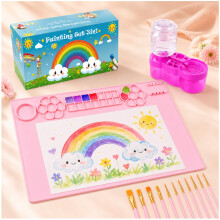 All-in-One Painting Station for Kids - 15.7"x23.6" Silicone Painting Mat with Paint Brush Cleaner Tool and 10 Brushes