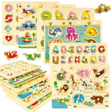 Wooden Peg Puzzles for Toddlers 3-5, 6 Pack Learning Educational Montessori Toys