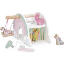 Janod - Unicorn Wooden House - Unicorn Theme - FSC Wooden Toys - Includes 6 accessories : 4 unicorns, 1 hair dryer, 1 brush, 1 swing, 1 slide