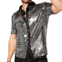 Men's Shiny T-Shirt, Short Sleeve Sequins 70s 80s Disco Fancy Dress Shirt, Vintage Lapel Button Down Sparkly Dancing T-Shirt